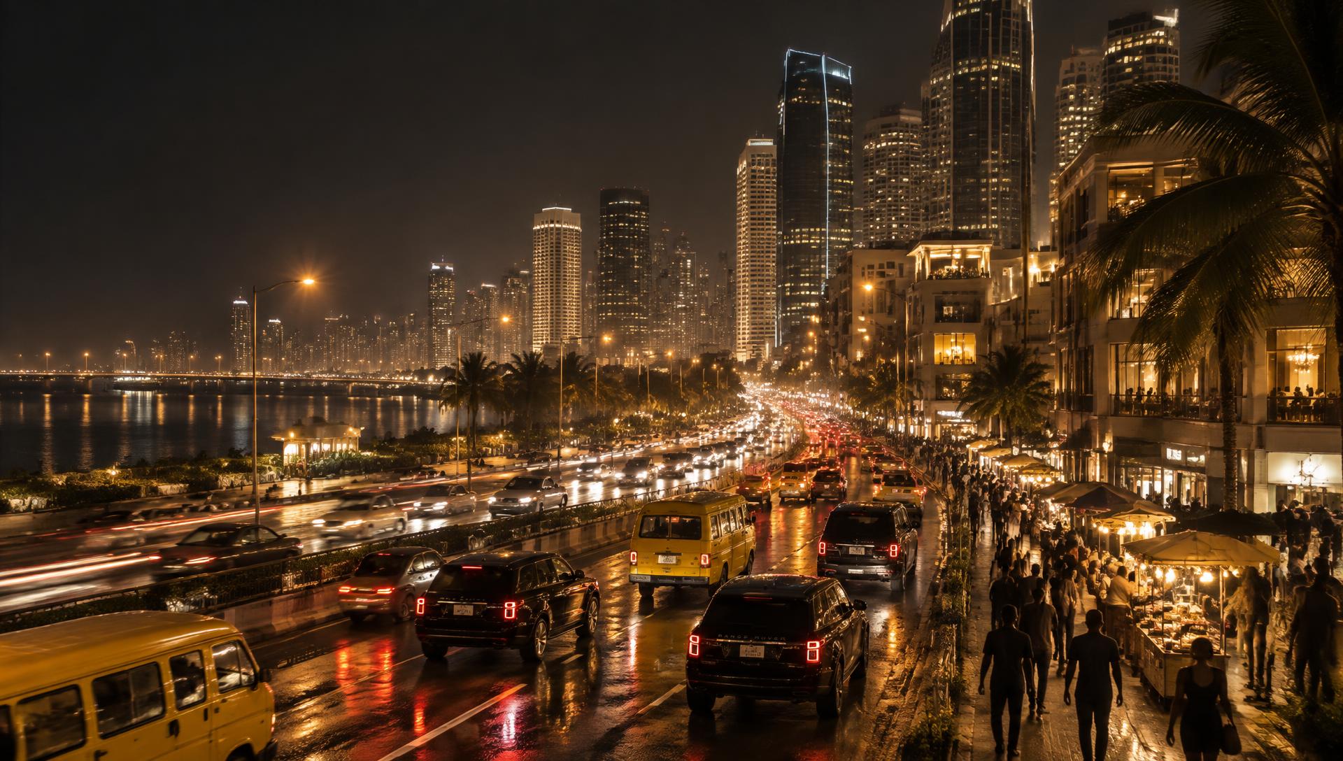 Gidi after dark: towers, traffic, danfos and street life